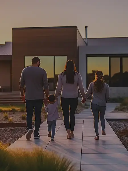 Une famille devant une maison moderne